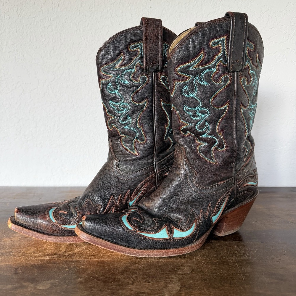 Corral R2501 Women's Distressed Brown Turquoise Inlay Snip Toe Cowboy Boots 6M